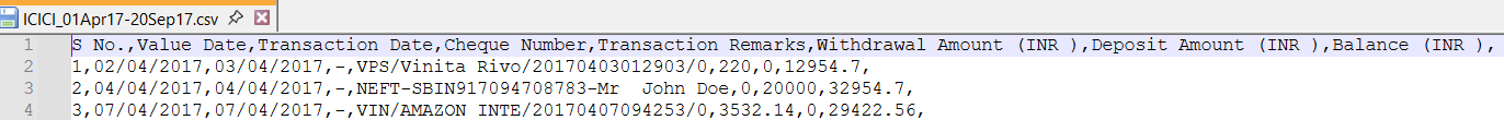 Bank Statement CSV columns